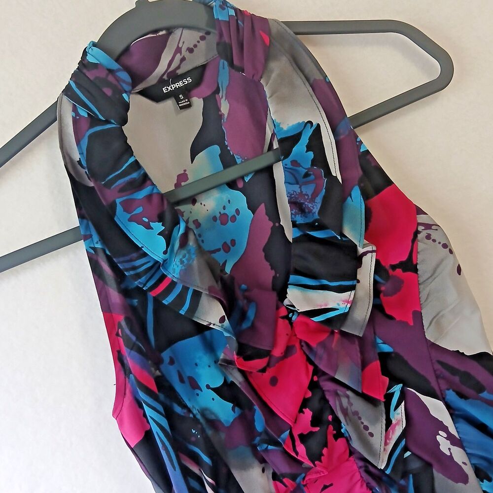 Express Black Colorful Chiffon Halter Neck Tank Top Zip Scrunched City Party 905